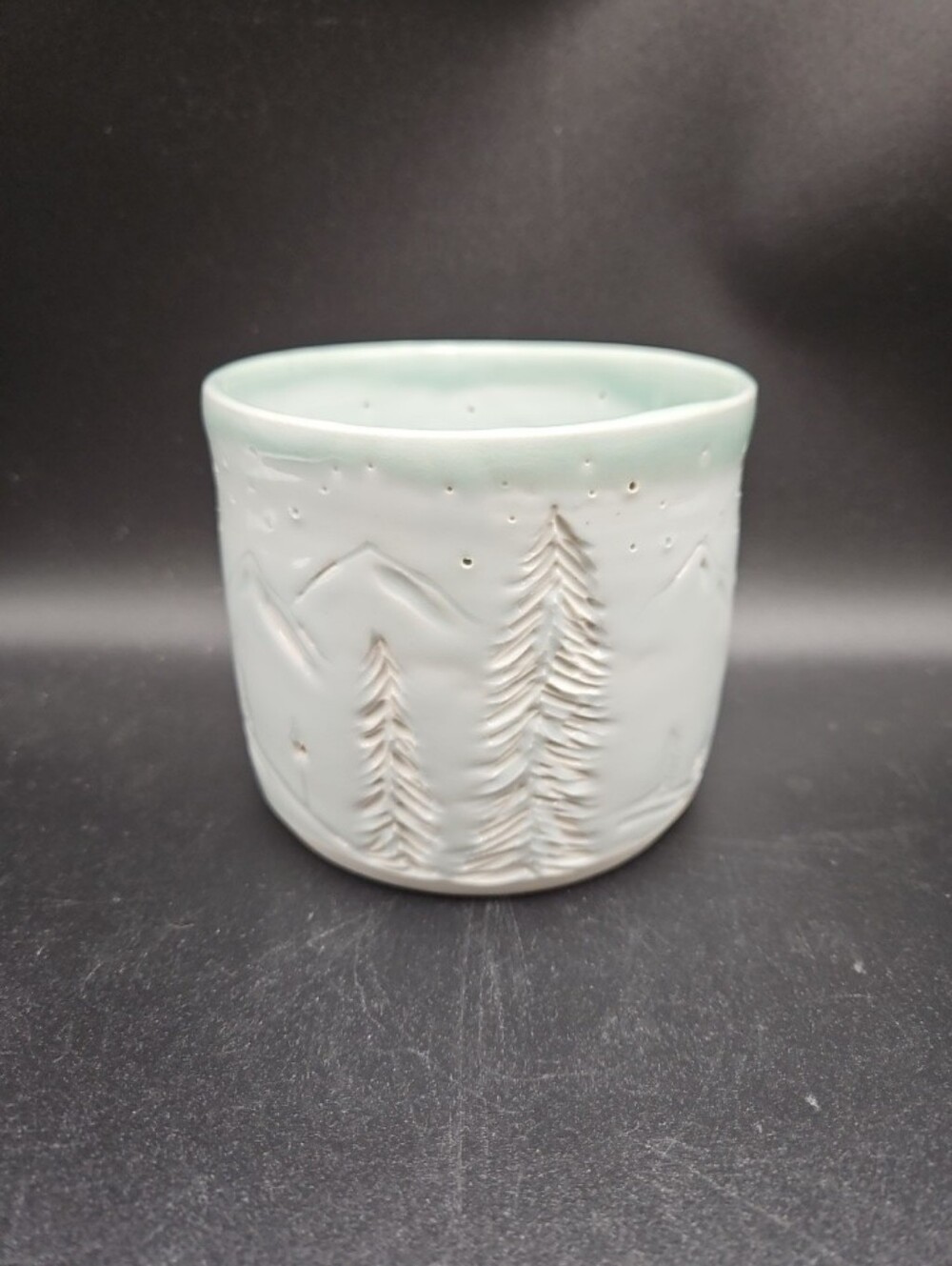 Winter Pine Pottery Candle Holder 4" Signed Light Green Cast Glaze